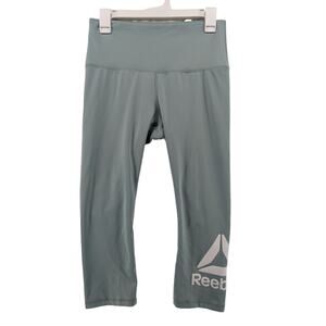 Reebok Capri Leggings M Blue Workout Activewear Wide Waistband Logo Slim Fit Gym